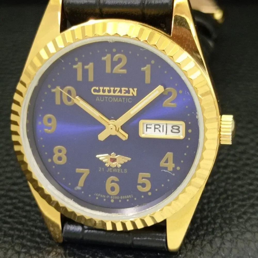 Vintage 1980 Citizen Automatic Mens Gold Watch W/daydate & Blue accents